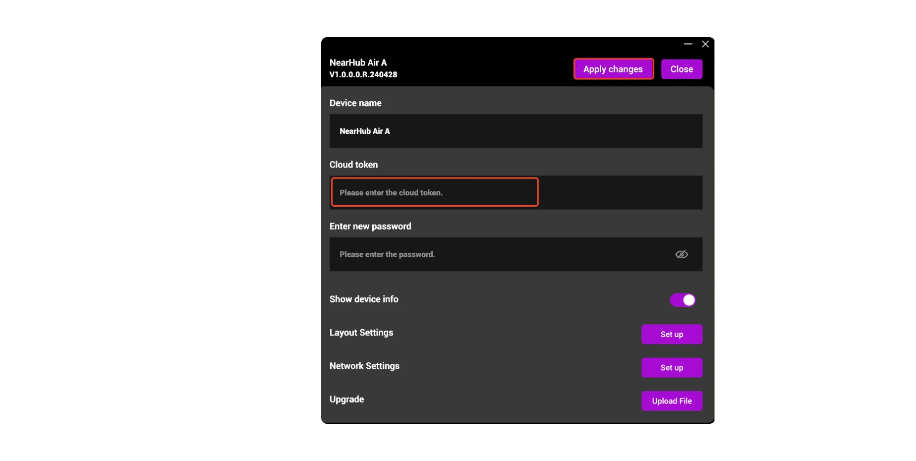 Open the NearRoom App,
paste the token in the
device settings page, and
apply changes.