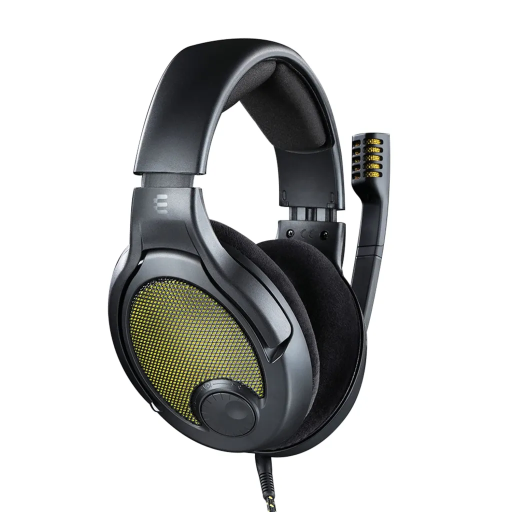 Drop + EPOS PC38X gaming headset with yellow open-back grille and boom microphone, white background product photo