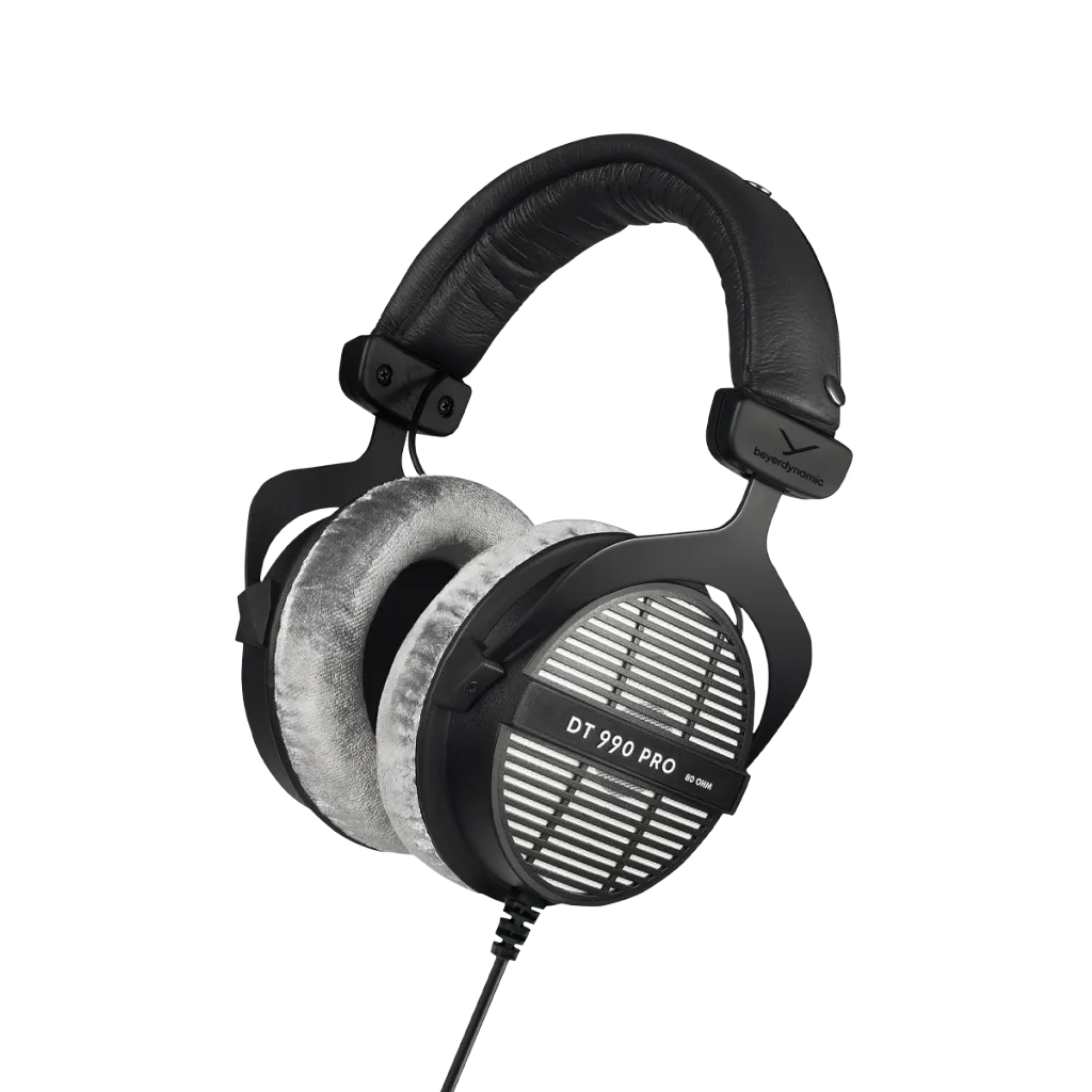 Beyerdynamic DT 990 Pro open-back studio headphone with grey velour ear pads and silver grille, transparent background product photo