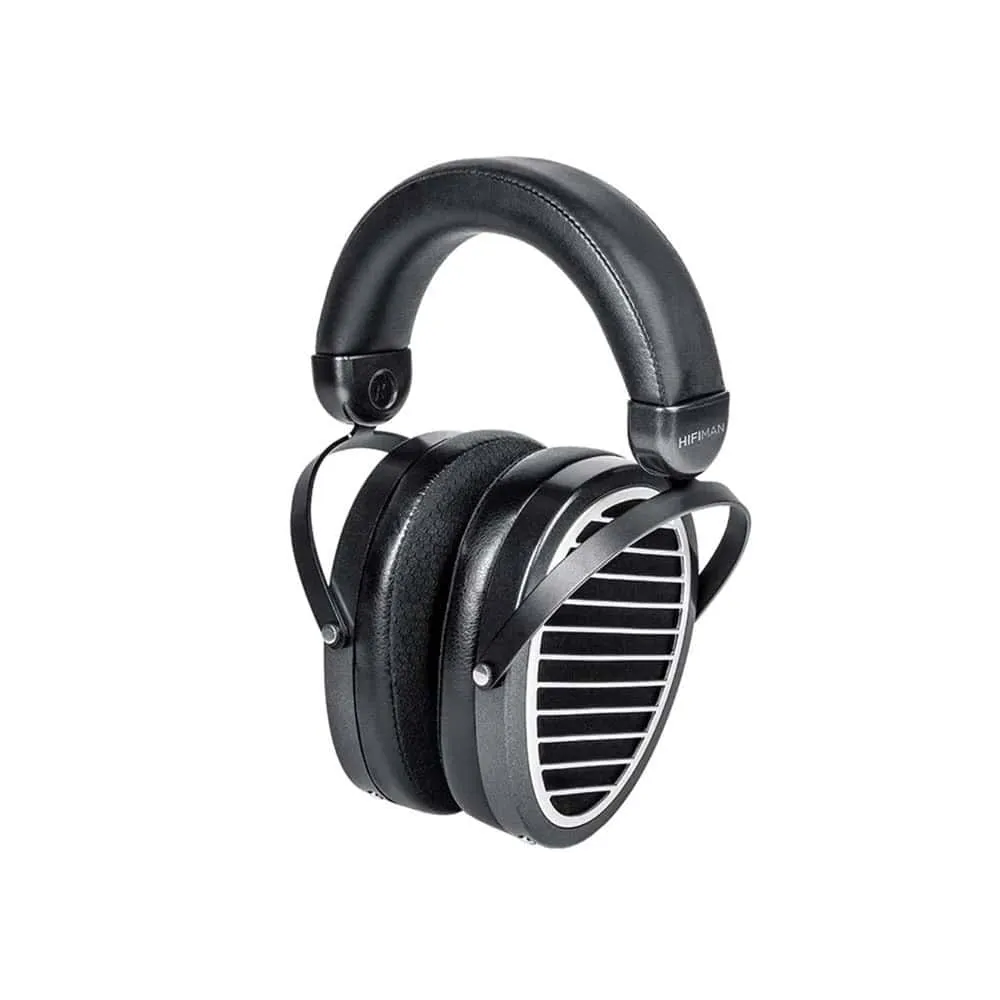 Hifiman Edition XS full-size planar magnetic headphone with silver oval grille and black leather headband, white background product photo