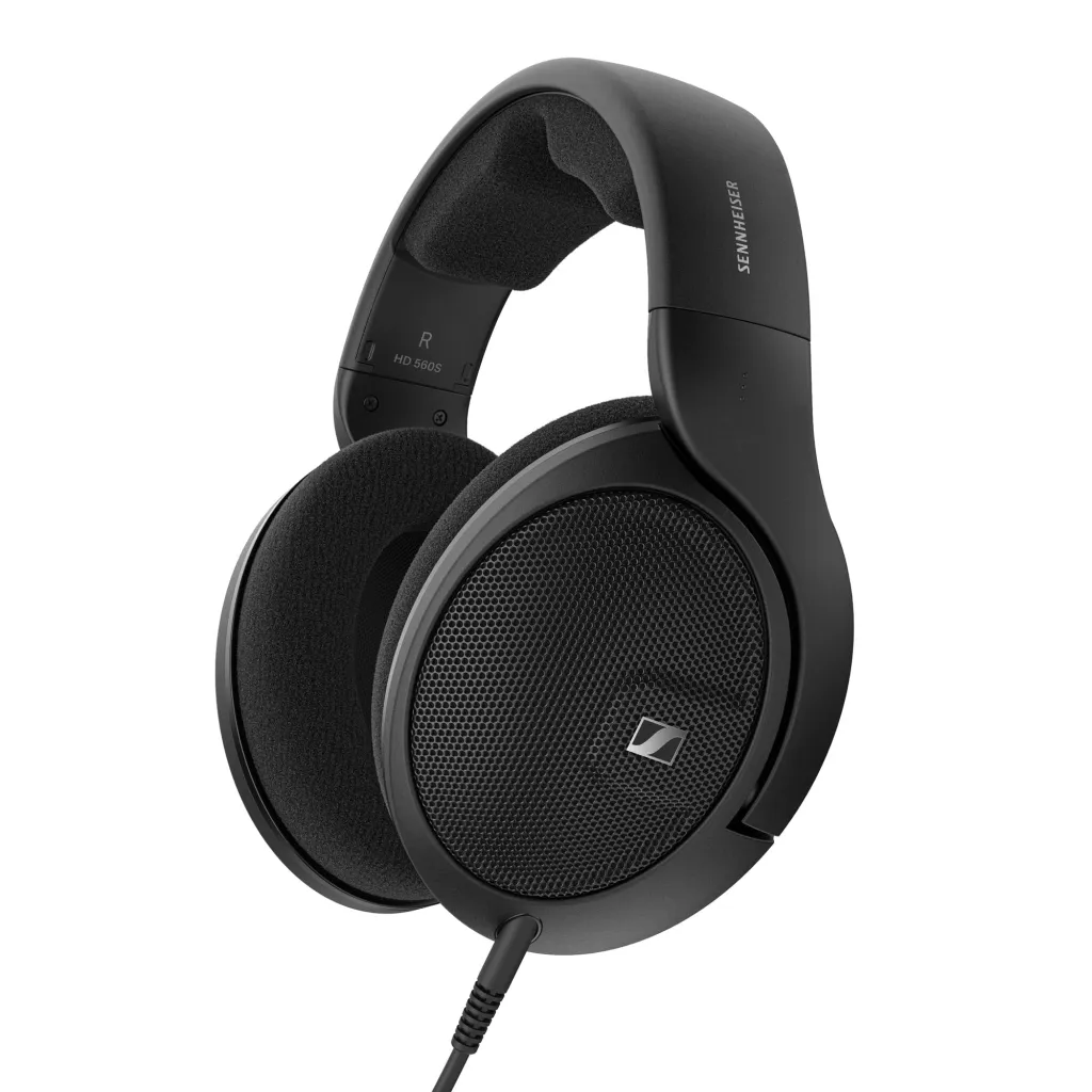 Sennheiser HD 560S open-back headphone with all-black design and circular mesh grille, white background product photo