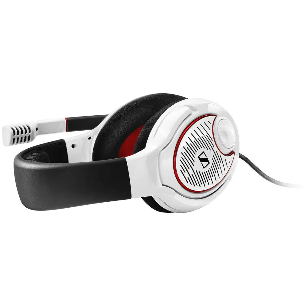 Sennheiser Game One open-back gaming headset in white with red accents and boom microphone, white background product photo