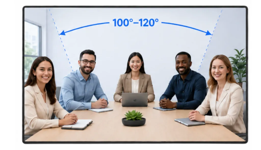 Webcam field of view guide showing 100°–120° angle for small team meetings in a conference room