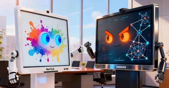 On the left, a sleek, glossy white smart board with a minimalist design (Vibe) stands proudly. On the right, a sophisticated dark-toned smart board (NearHub) with a metallic finish displays intricate connection nodes and graphs, personified with sharp, fr