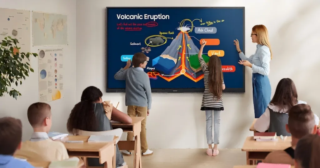 2 students are drawing some details about an volcanic eruption on a smartboard at home