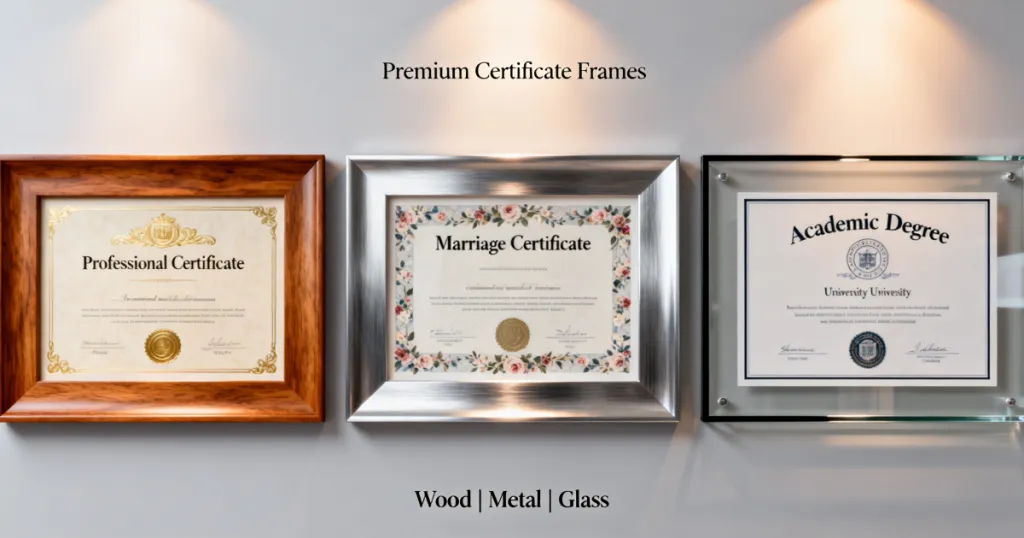 A modern, elegant product showcase image of certificate frames which look premium, stylish, and diverse in materials (wood, metal, minimalist glass). 