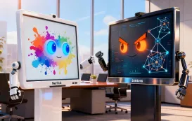 On the left, a sleek, glossy white smart board with a minimalist design (Vibe) stands proudly. On the right, a sophisticated dark-toned smart board (NearHub) with a metallic finish displays intricate connection nodes and graphs, personified with sharp, fr