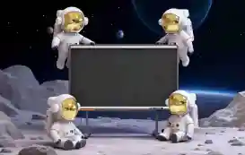 4 little astronauts surround a interactive smartboard in the space