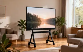 A cozy modern living room with soft natural light, featuring a sleek mobile TV stand with wheels holding a large flat-screen TV. On the TV screen, display a calming nature landscape — soft sunlight over a forest and lake, creating a peaceful and homely at