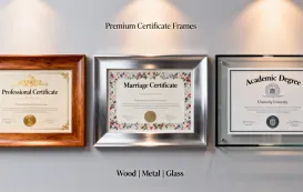 A modern, elegant product showcase image of certificate frames which look premium, stylish, and diverse in materials (wood, metal, minimalist glass).