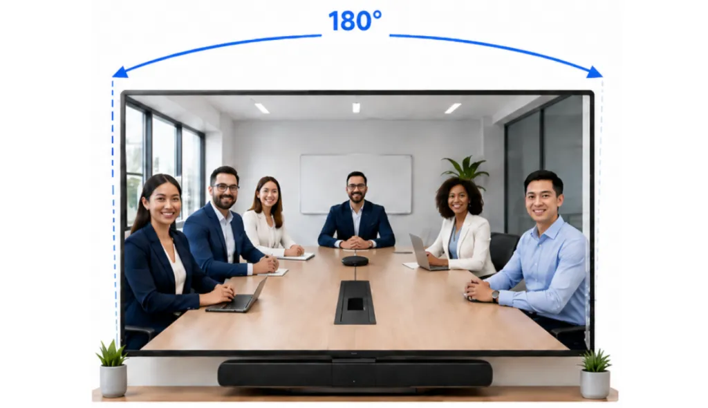 Webcam field of view guide showing 180° panoramic angle for huddle room video meetings