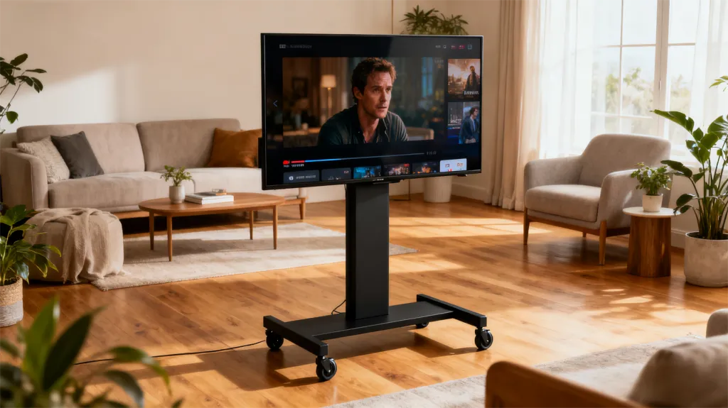 a sleek mobile TV stand with wheels holding a large flat-screen TV.