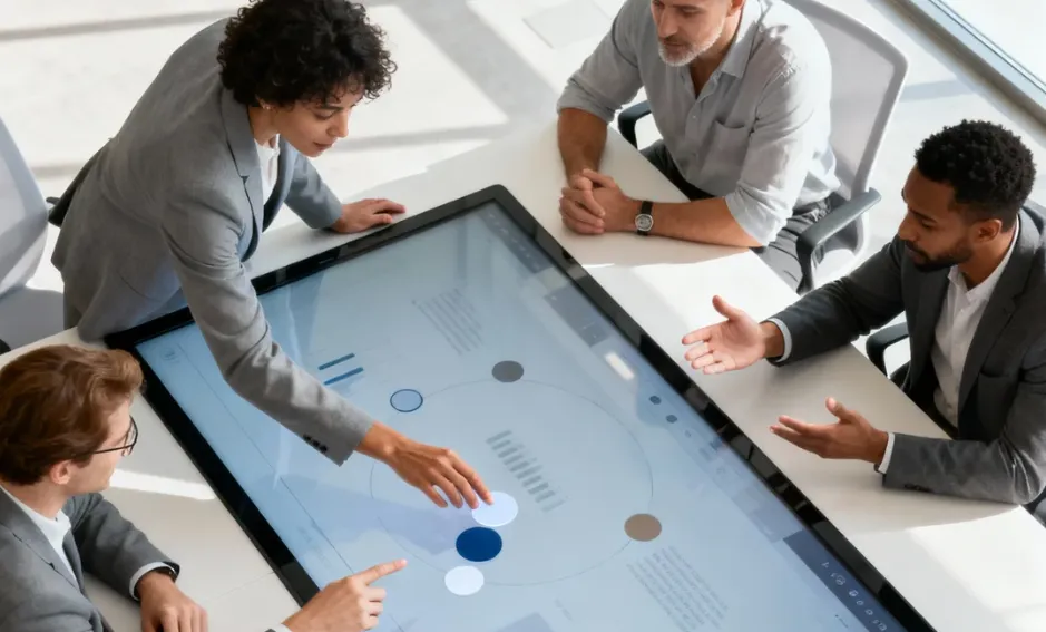 a group of people are disscussing around a conference room tv
