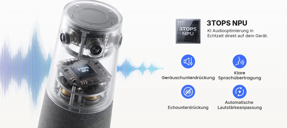 360° Konferenzkamera mit integrierter KI zur Reduzierung von Hintergrundgeräuschen, Echo und Raumhall für klarere Gespräche.