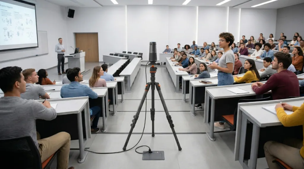 A university lecture hall using Nearity 360 Alien for hybrid teaching, connecting in-person students with remote learners.