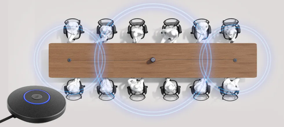 all-in-one conference camera with two expansion microphones extending voice pickup up to 52 feet across a larger conference room.