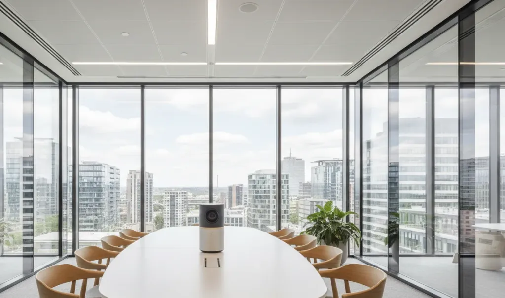 360-Grad Konferenzkamera in modernem Meetingraum mit Panoramafenstern