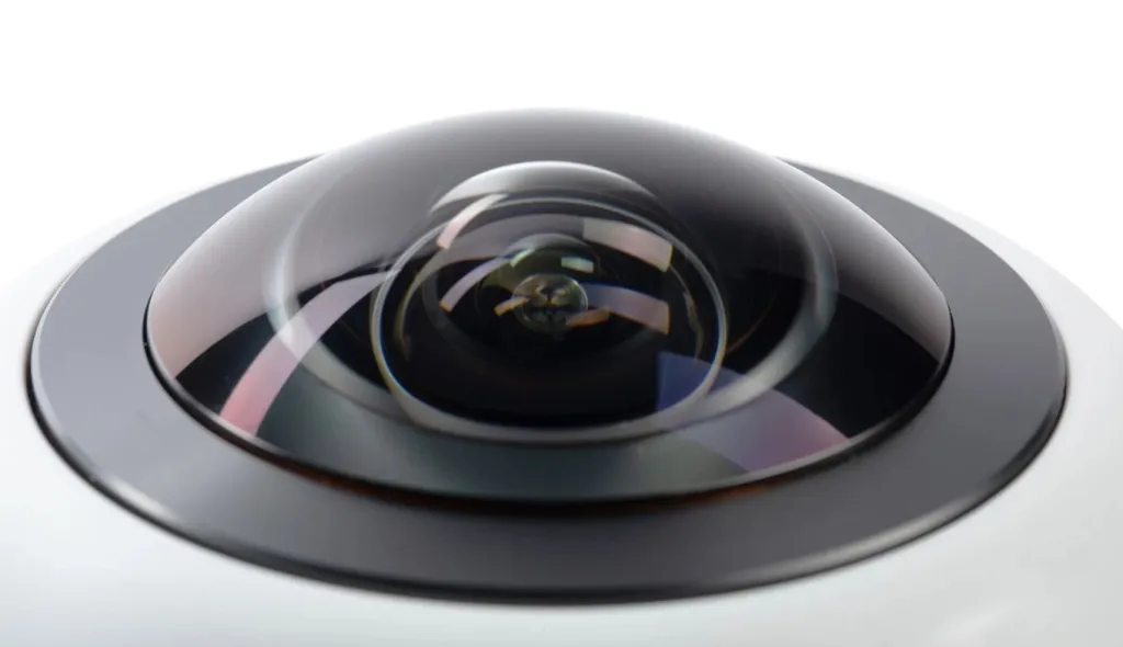 Traditional fisheye camera with a single dome lens for 360-degree meeting room capture.