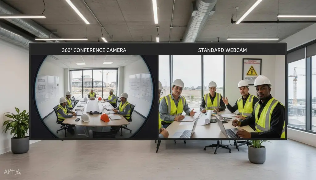 Vergleich: 360-Grad-Konferenzkamera erfasst den gesamten Besprechungsraum versus Standard-Webcam mit eingeschränktem Sichtfeld auf einem großen Display