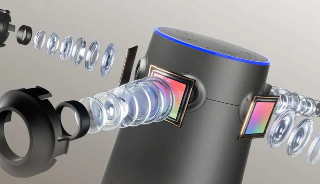Camera with four wide-angle lenses for clearer multi-view video capture.