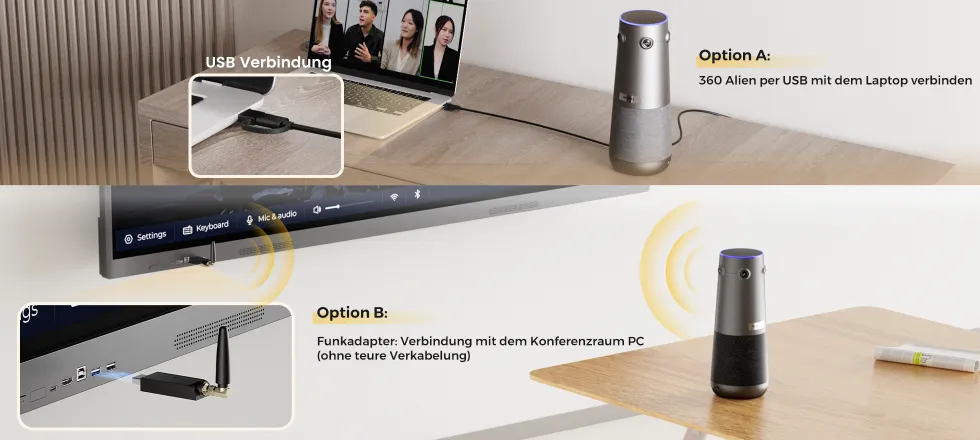 In Sekunden startklar. Per USB oder Funkadapter verbinden - ohne Kabel, Treiber, Apps oder IT Support.