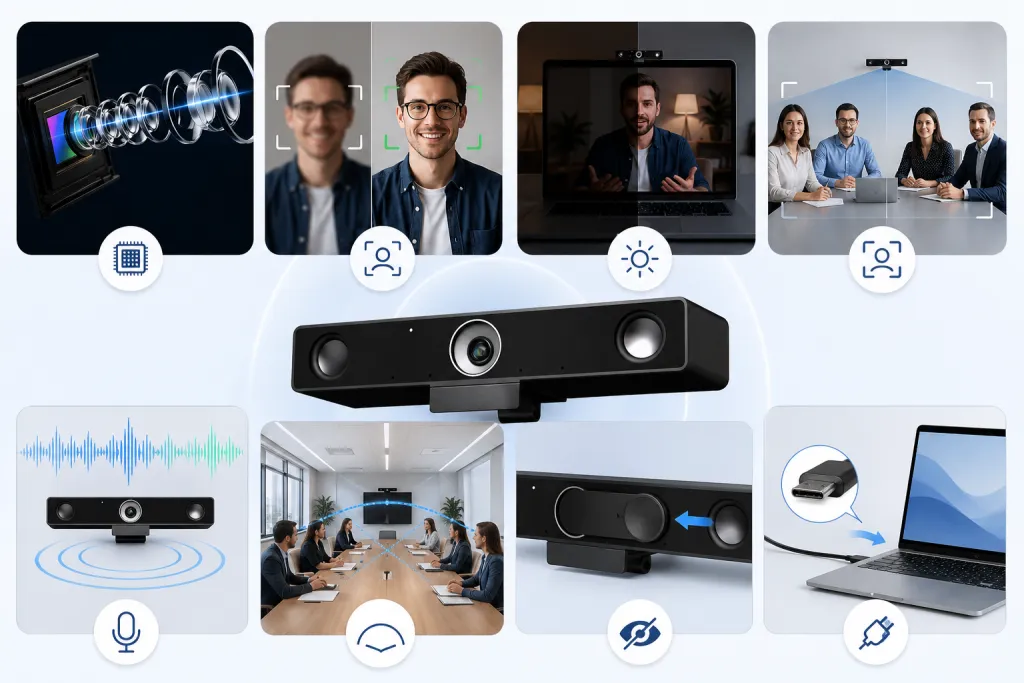 A modern infographic showing a 4K webcam surrounded by feature visuals, including true 4K image quality, autofocus, low-light correction, AI auto-framing, built-in microphone pickup, wide field of view, privacy cover, and plug-and-play USB-C connectivity.