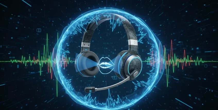 Technical 3D visualization of 4-microphone array on call center headset showing directional voice beam and noise suppression shield