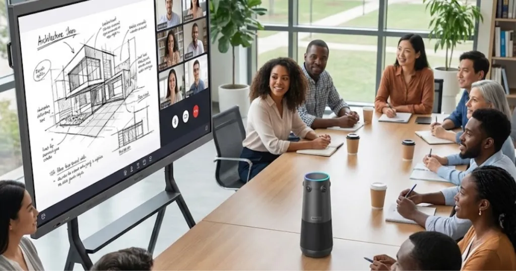 teamarbeit mit digitaler tafel im meetingraum – interaktive präsentation auf einem smart display