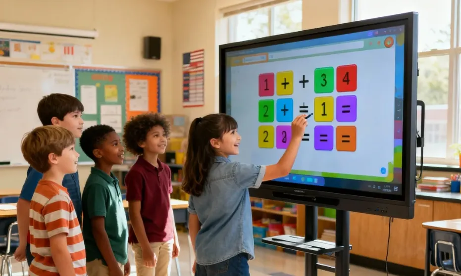 pupils are playing math games in the classroom smart tv
