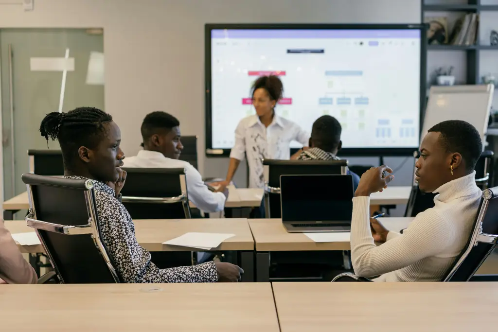 5 people are using interactive digital displays to have meetings