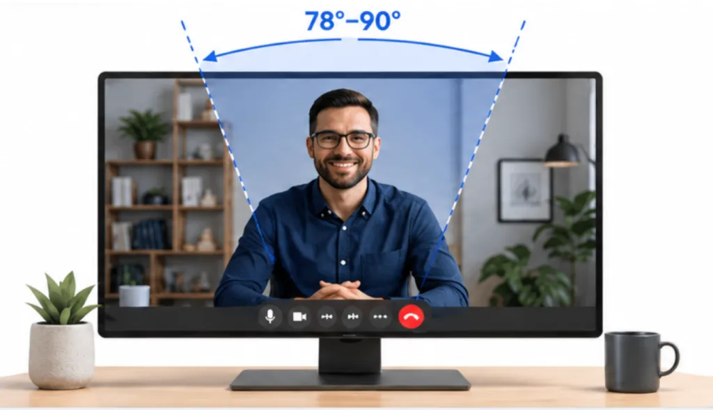 Webcam field of view guide showing 78°–90° angle for solo users in a video meeting