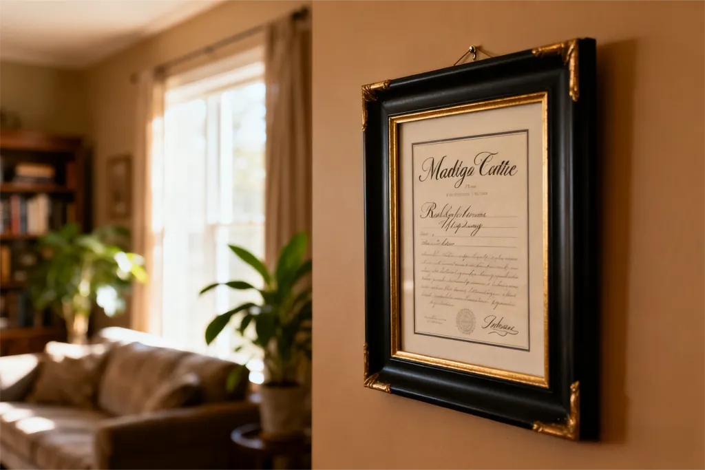 A stunning marriage certificate picture frame hangs prominently on the wall. The frame is a sophisticated black and gold picture frame with a slight traditional detail. The certificate inside has elegant calligraphy.