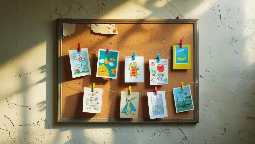 A cheap cork bulletin board displayed with decorations