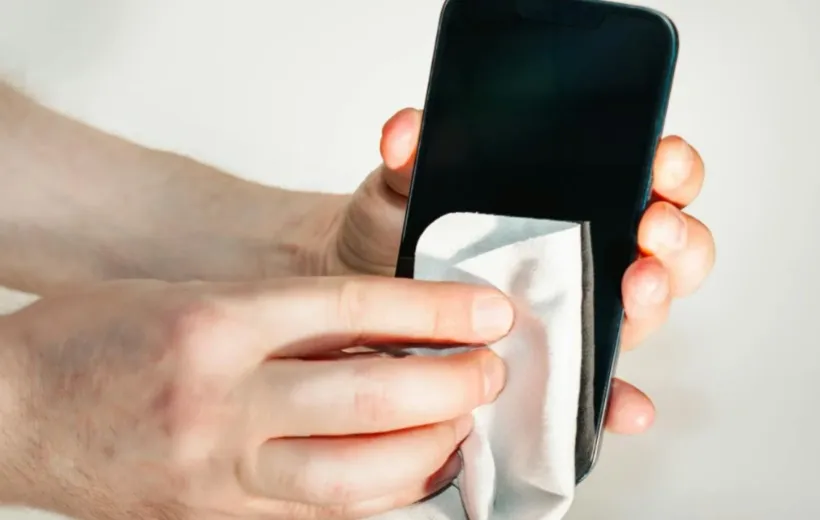 A man wiped the screen of his mobile phone with a glasses cloth