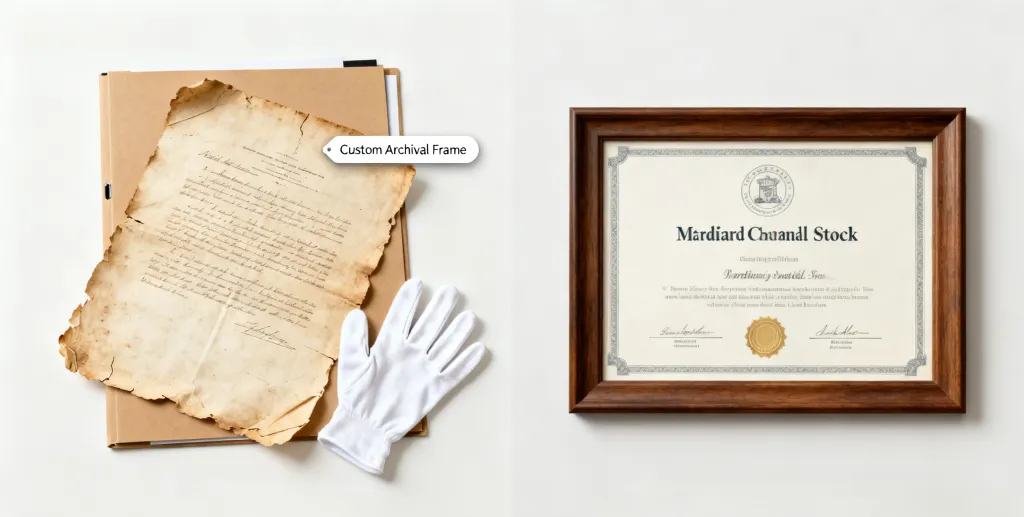 On the left, a fragile, aged parchment document with a 'Custom Archival Frame' tag and conservation tools (acid-free folder, white gloves). On the right, a modern, sturdy cardstock diploma with a 'Standard Ready-Made Frame' tag. 