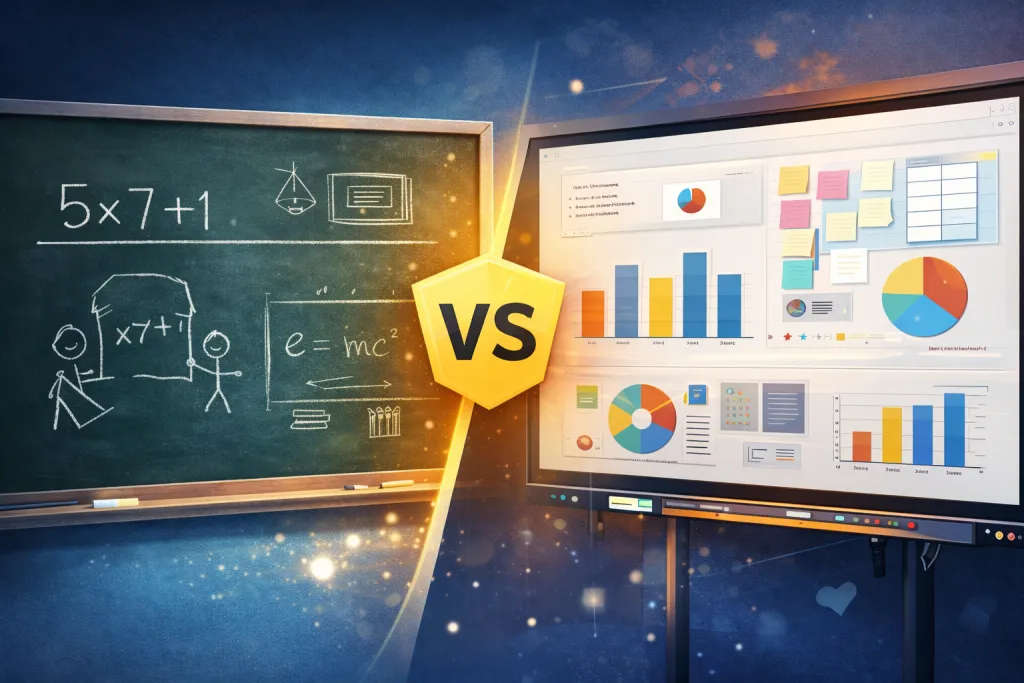 Vergleich zwischen klassischer Tafel und digitaler Schultafel mit interaktivem Whiteboard