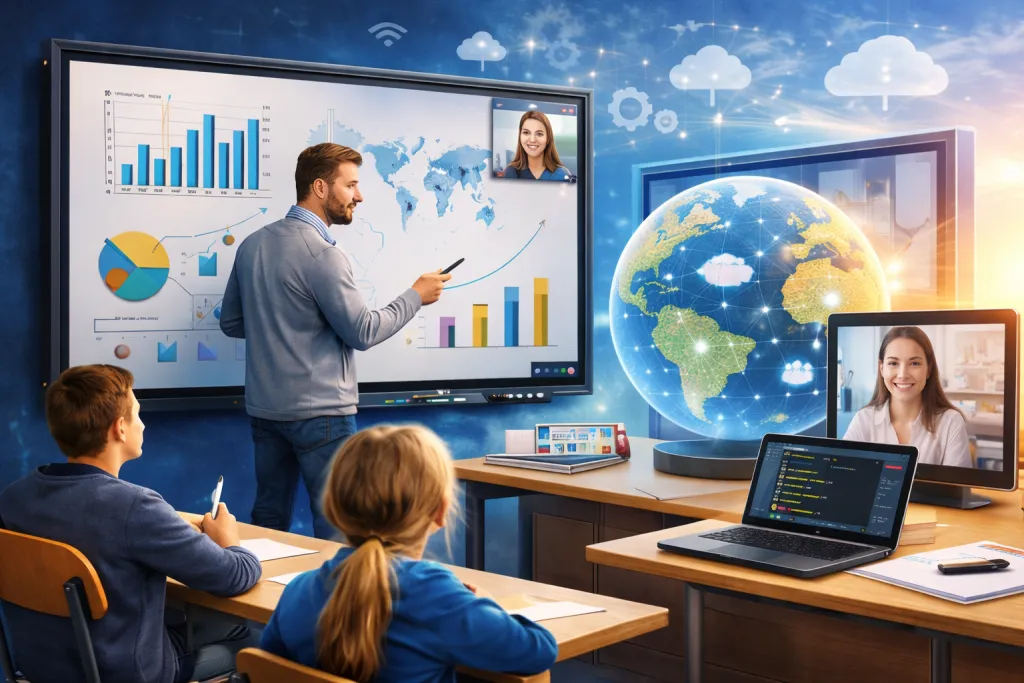 Digitale Schultafel im Klassenzimmer – Lehrer nutzt ein interaktives Whiteboard für modernen Unterricht