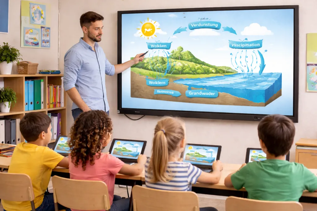 Digitale Tafel im Unterricht – Lehrer erklärt den Wasserkreislauf auf einem interaktiven Whiteboard während Schüler mit Tablets arbeiten