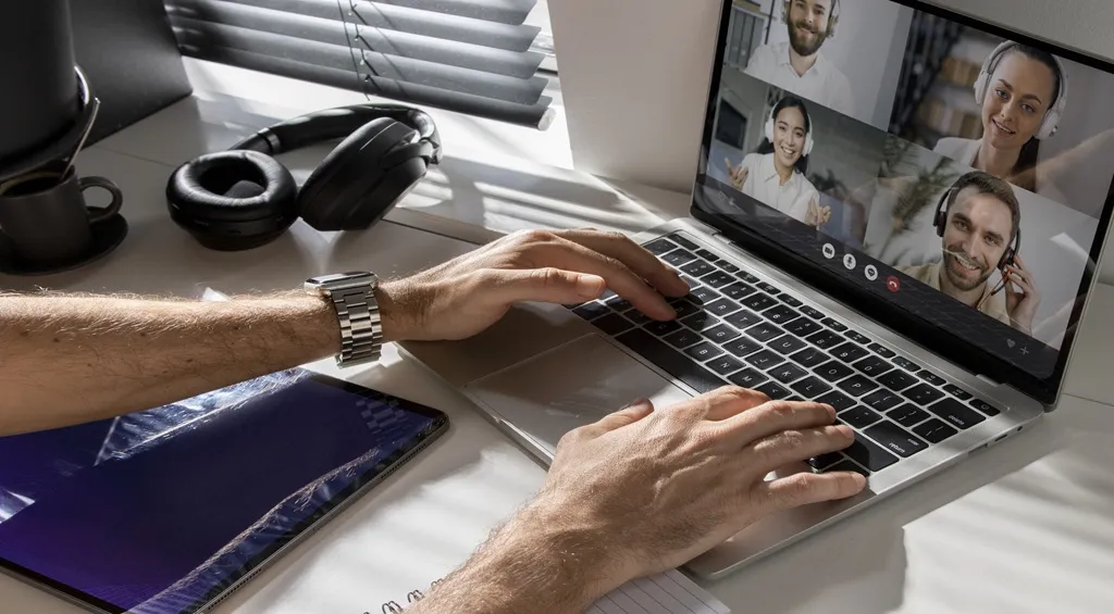 Bluetooth headset and laptop during a video conference with multiple participants.jpg