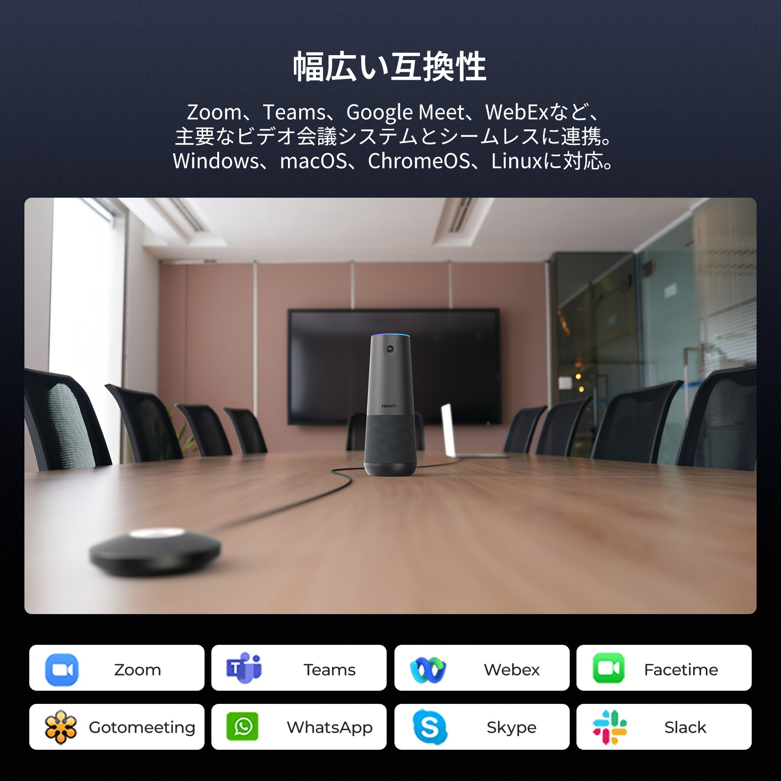 Nearity 120 Max：真の4K対応・120度会議用カメラ、ワイヤレスAI会議