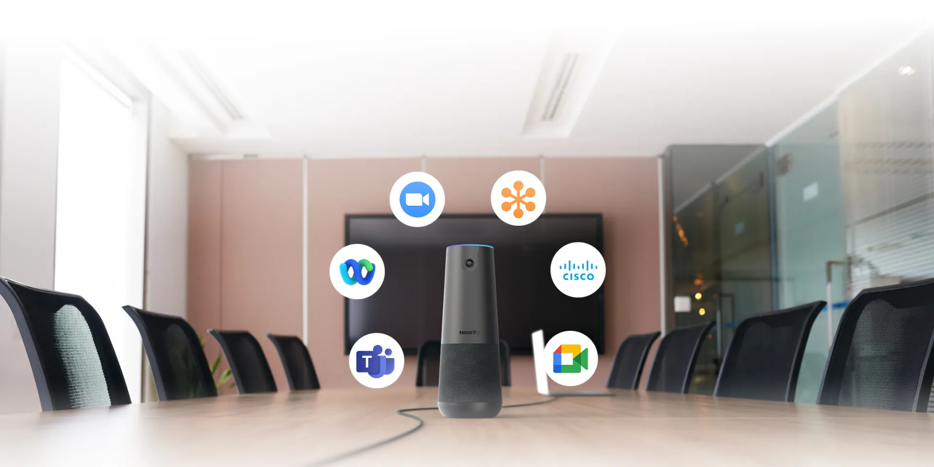 Several people in a conference room using NearHub board S pro smart whiteboard for office in a meeting