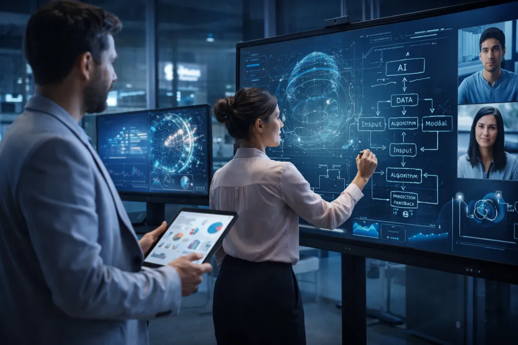 Modernes Büro-Meeting mit digitalem Whiteboard und Teamarbeit