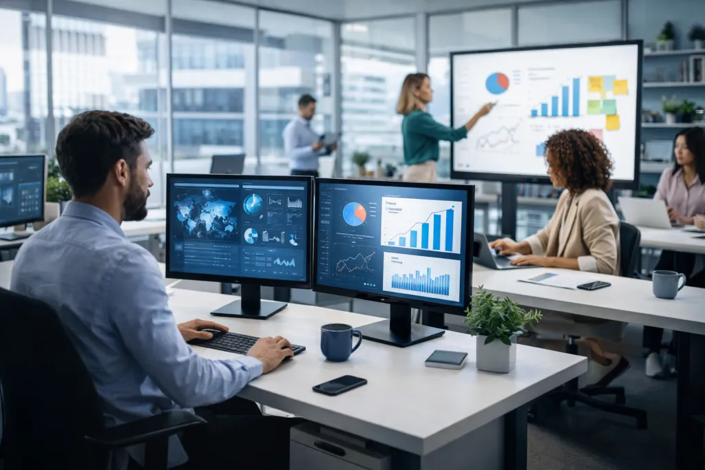 Modernes Büro-Meeting mit digitalem Whiteboard und Teamarbeit