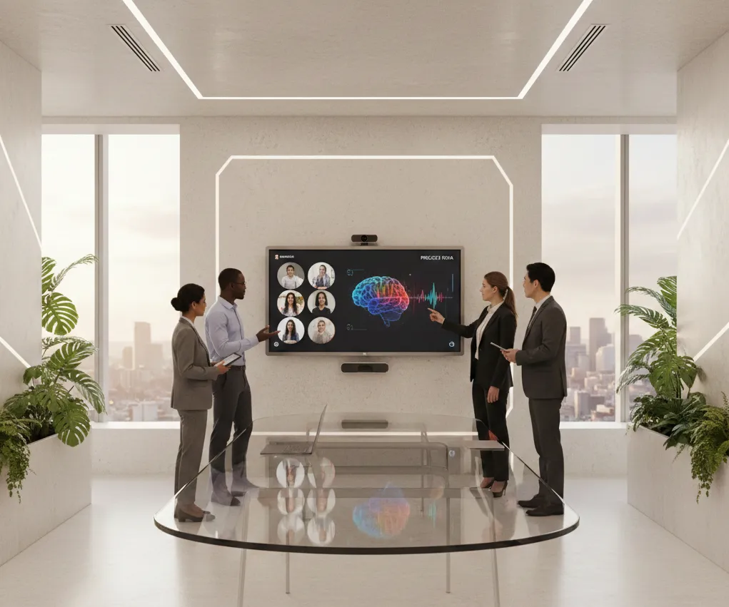 Conference room setup for video conferencing with easy single-cable BYOD connectivity in a collaborative workspace