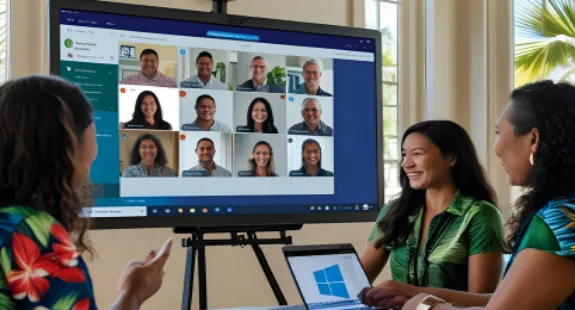 Drei personen verwenden microsoft teams premium auf smartboard