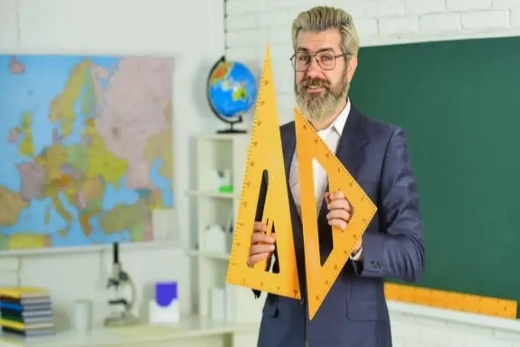 Ein lehrer steht vor einer online tafel und haelt ein lineal