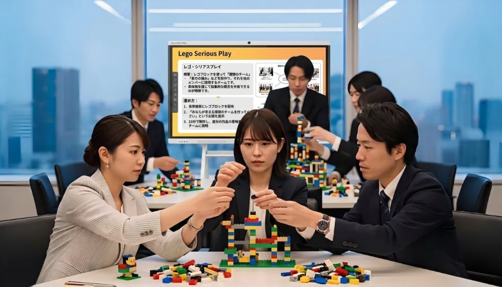 チームワークを高めるゲームとして、インタラクティブホワイトボードでルールを確認しながらレゴ・シリアスプレイに取り組むチームビルディング研修の新入社員研修ゲーム。実際のチームワーク仕事に近い協力課題で自己理解とメタファー表現を学ぶ様子