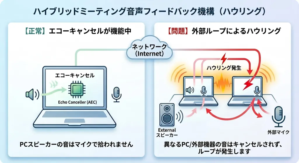 ハイブリッド会議でマイク ハウリングが発生する仕組みを解説した図解
