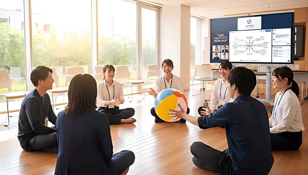 チームワークを高めるゲームでアイスブレイクしている新入社員研修の様子。インタラクティブホワイトボードを使いながら、ビーチボールを使ったチームビルディング研修で和やかに交流する新入社員たち