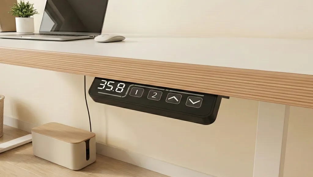 Illustration showing how to adjust computer desk height and tilt angle for ergonomic eye-level viewing.